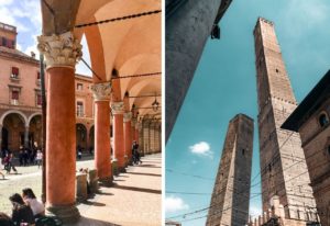 Arcadas tradicionais e torres medievais em Bolonha, itália