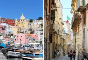 Marina com prédios coloridos e barcos e rua em Procida, Itália