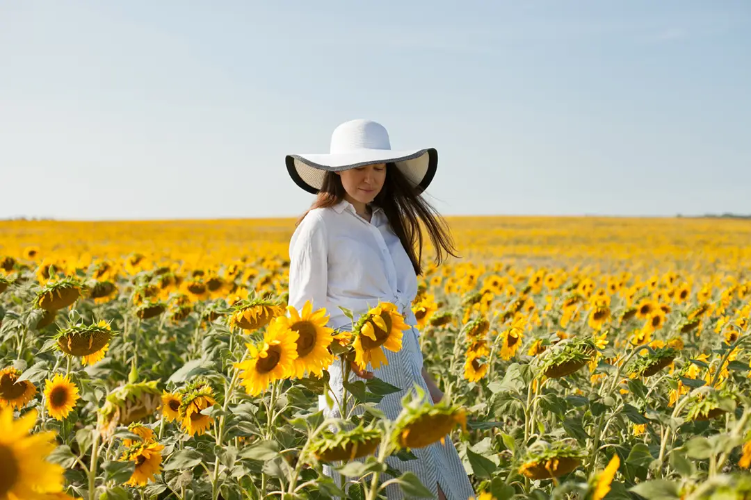 Woman in a white hat in a sunflower field under a clear blue sky in Tuscany during spring